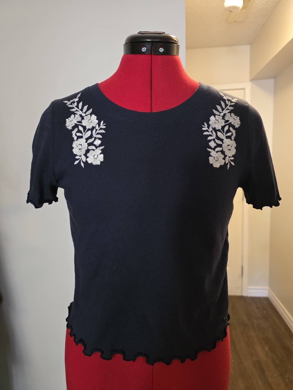 Hollister Embroidered Navy Floral Short Sleeve Baby Tee